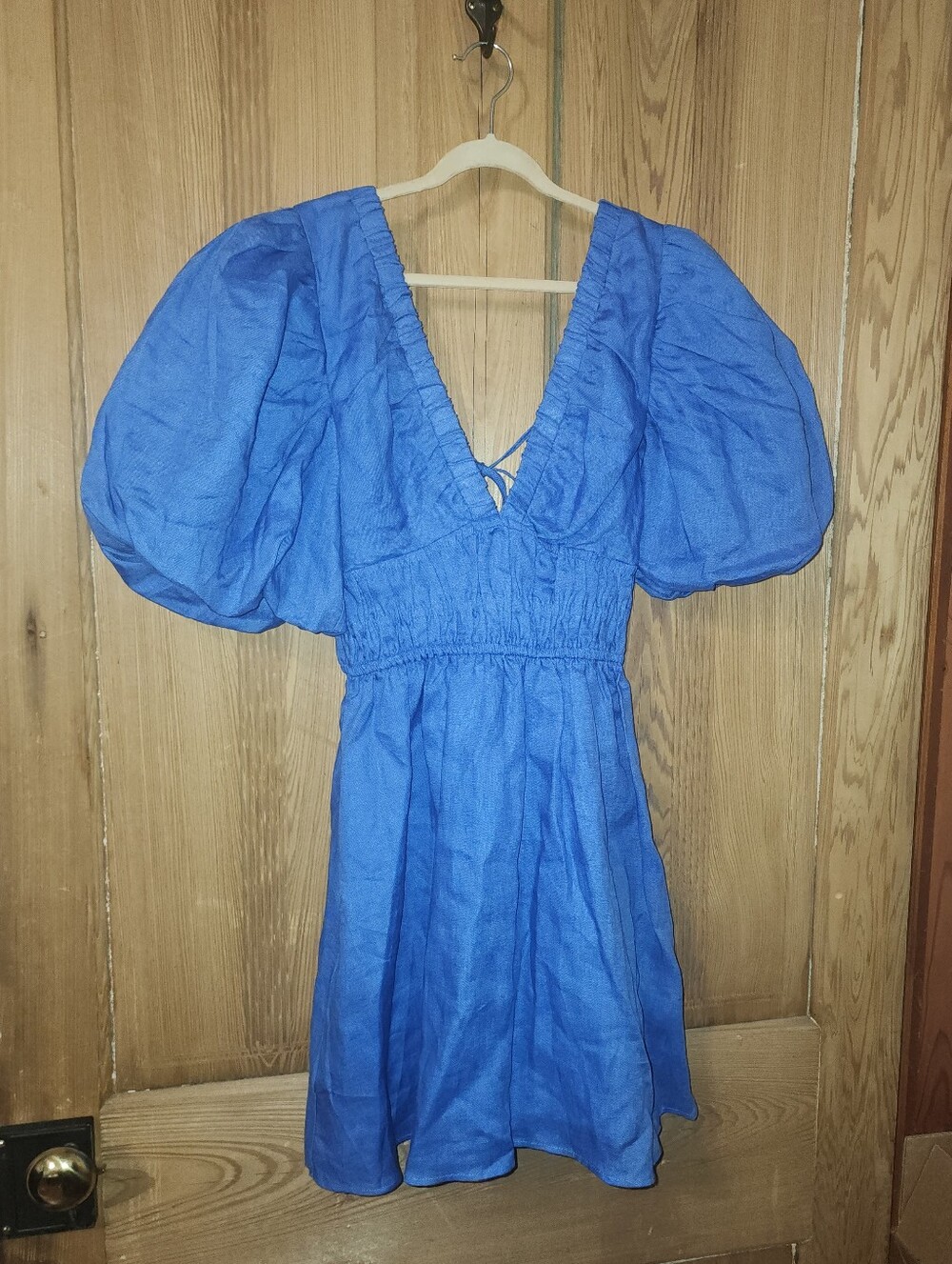 Amalie The Label Khalia Linen Plunge Puff Sleeve Mini Dress, Blue Size 0 - Picture 4 of 12